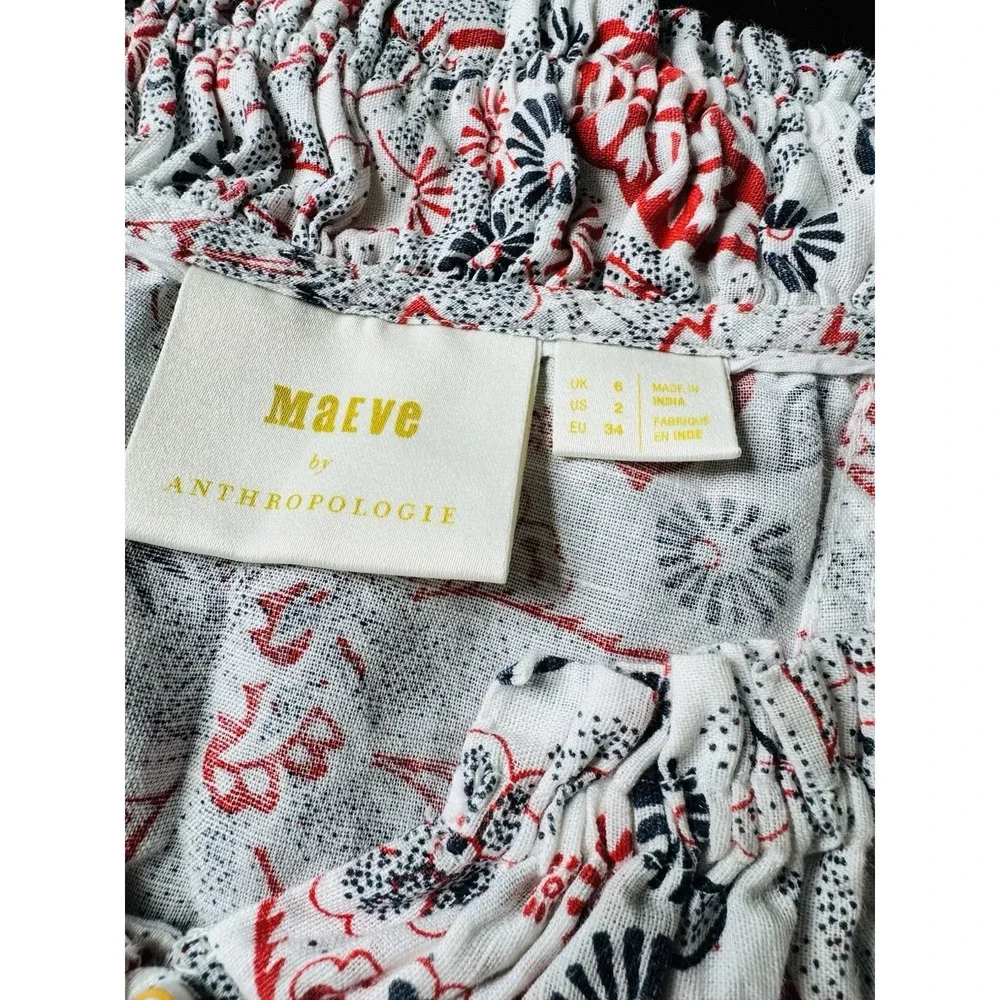 Anthropologie Maeve Linen Cotton Red White Blue‎ Floral Blouse Puff Sleeve 2/XS